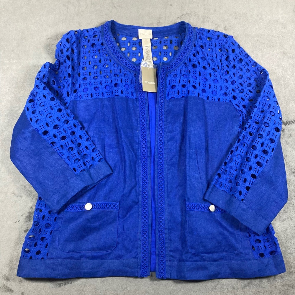 New Chicos Spectra Blue Linen Eyelet Mix Pattern Jacket 2 L Open Front